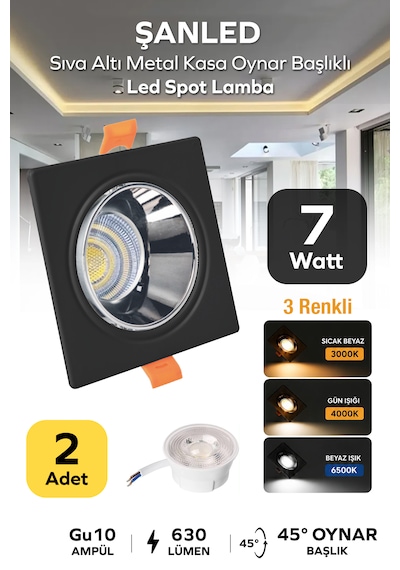 7w 3 Renkli Sıva Altı Kare Metal Siyah Krom Kasa Oynar Başlıklı Gu10 Led Spot 2 Adet Siyah - Krom