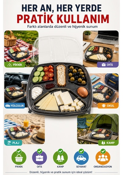 Tabldot 7 Bölmeli Kapaklı Kahvaltı Seti Pet Tek Kullanımlık Piknik Ofis Brunch Servis Kabı 29,5cm Xl Siyah