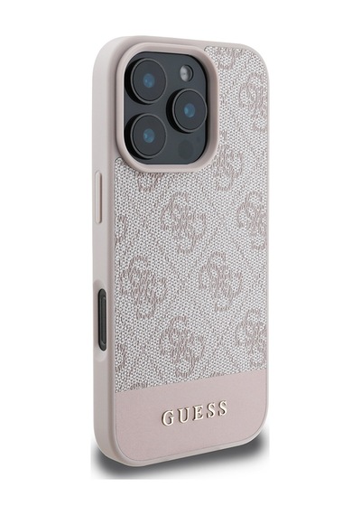 Apple Uyumlu iPhone 16 Pro Kılıf Guess Lisanslı Pu Deri Şerit Logo Dizaynlı Kapak Pembe