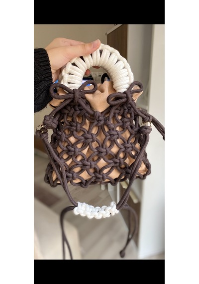 Pawknot Latte Knot Mini Makrome Çanta Kahverengi/bej İçi Keseli Kahverengi - Bej