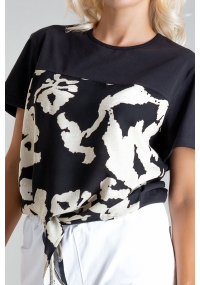 Kadın Bağlamalı Baskılı Viskon Kombinli Likralı Örme Kumaş Sıfır Yaka Tshirt Ekru - Siyah Kadın Bağlamalı Baskılı Viskon Kombinli Likralı Örme Kumaş Sıfır Yaka Tshirt Ekru - Siyah