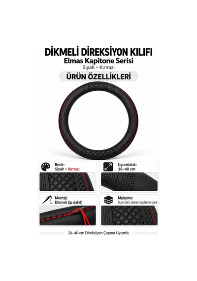 Trobus Peugeot 206 1998-2010 Uyumlu Dikmeli Direksiyon Kılıfı Elmas Kapitone Siyah Kırmızı Siyah - Kırmızı