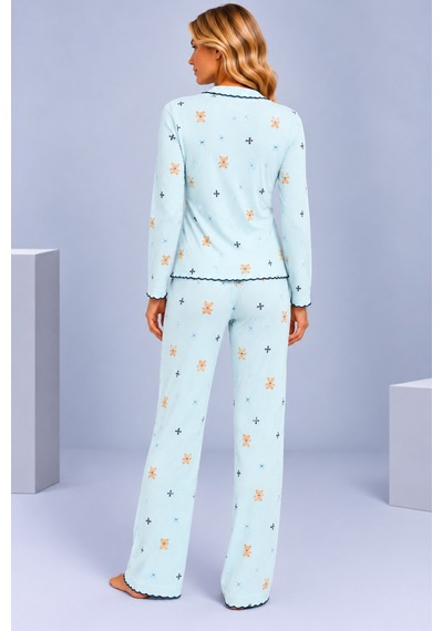 Pijamask Kadın Desenli Fiyonk Detaylı Düğmeli Uzun Kollu Müslin Pijama Takımı Mavi-19