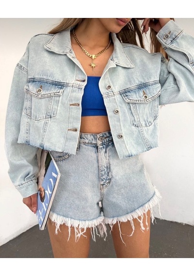 Kadın Mavi Oversize Crop Kot Ceket - Altı Kesik Dikişsiz Tasarım Çift Cepli Buz Mavi