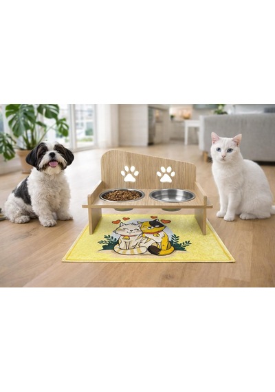 Ahşap Ve Metal Çift Hazneli Kedi Ve Köpek Mama Su Kabı İle Paspas Kare