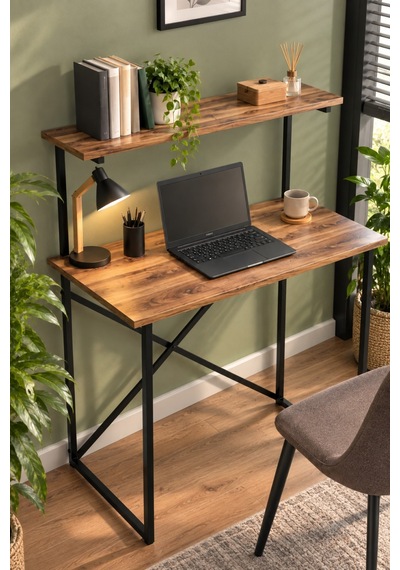 Sulorahome Ceviz Desenli Raflı Çalışma Masası