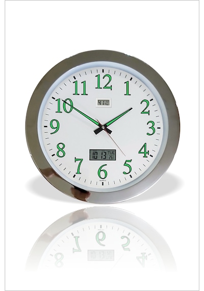 Dev Büyük 48 Cm Krom Metal Çerçeve Fosforlu Duvar Saati Gece Karanlıkta Görünen Nemölçerli Termometreli Takvimli Sessiz Kayar Akar Saniyeli Açık Gri
