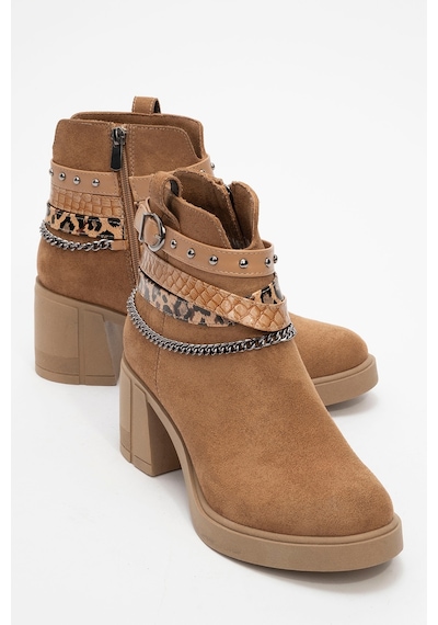 Luvishoes Luvi Shoes Boliva Taba Süet Kemerli Zincirli Kadın Kalın Topuklu Bot Taba Süet