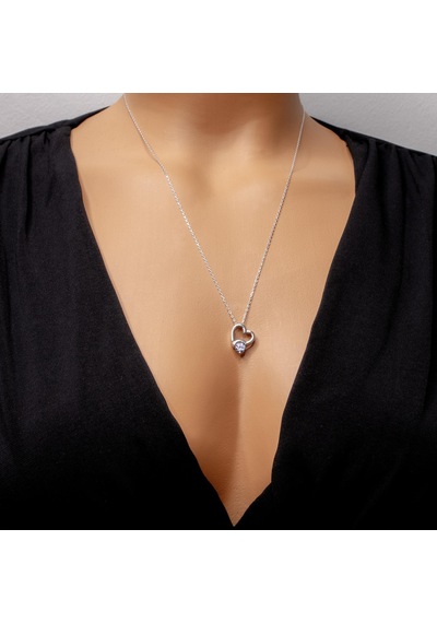 Madam Matmazel Swarovski Beyaz Tek Taş Kalpli Gümüş Kadın Kolye,925 Ayar, Rodyum Kaplama
