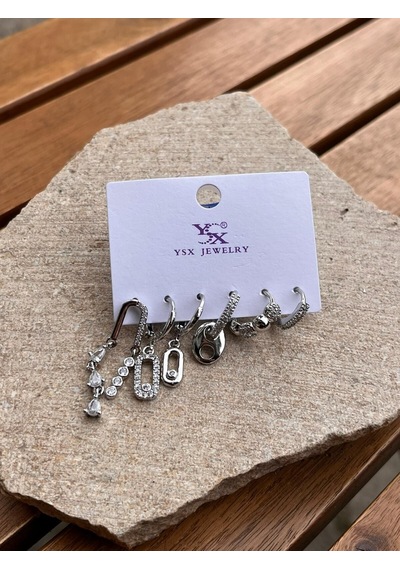 Ysx Jewelry Gümüş Taşlı Ataç Altılı Küpe Seti Çok Renkli