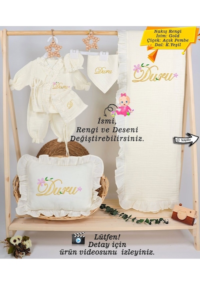 Gros Shop Yeni Doğan %100 Pamuk Müslin Hastane Çıkış Mevlüt Seti-takı Yastık Kişiye Özgü İsimli Nakış Desenli Ekru-1