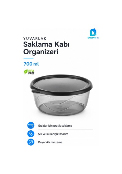 Yuvarlak Saklama Kabı 700 Ml 14,5x14,5x6 Cm Şeffaf Siyah Kapaklı Bpa İçermez