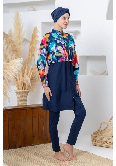 Maresiva 262407 Monroe Paraşüt Kumaş Lycra Uzun Kollu Lacivert Tam Boy Tesettür Mayo