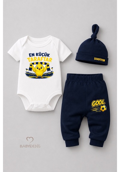 Babyden's %100 Pamuk Sarı Lacivert En Küçük Taraftar Bebek Takımı 3'lü Kısa Kol Body,pantolon Ve Şapkalı Yenidoğan Seti 0-9 Ay Beyaz - Lacivert