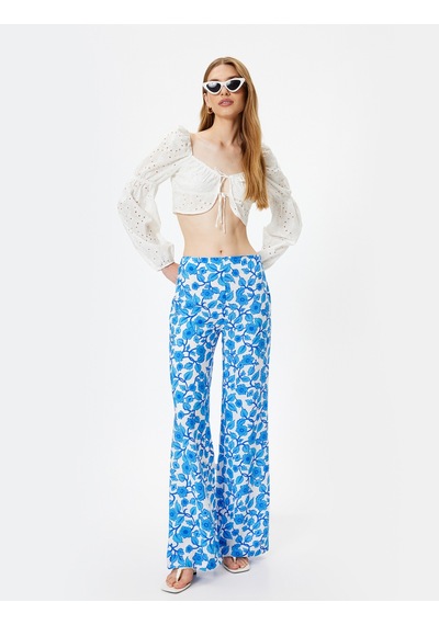 Koton Bol Paça Çiçekli Pantolon Viskon Standart Bel Mavi Desenli 4sak40273ew Mavi