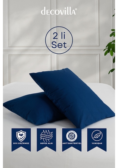 Micro Fermuarlı Yastık Alezi Sıvı Geçirmez 2 Li Set Yastık Koruyucu 50x70 Lacivert