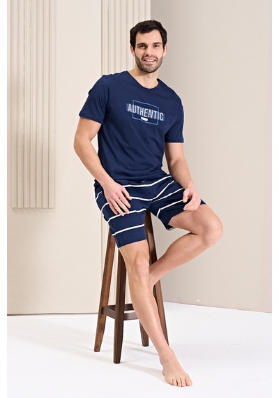 Over Sleep By Poleren Erkek Pijama Takımı Şortlu Kısa Kol Lacivert