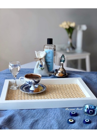 Rattan Hazeran Beyaz Dikdörtgen Tepsi %100 Doğal Hazeran M038