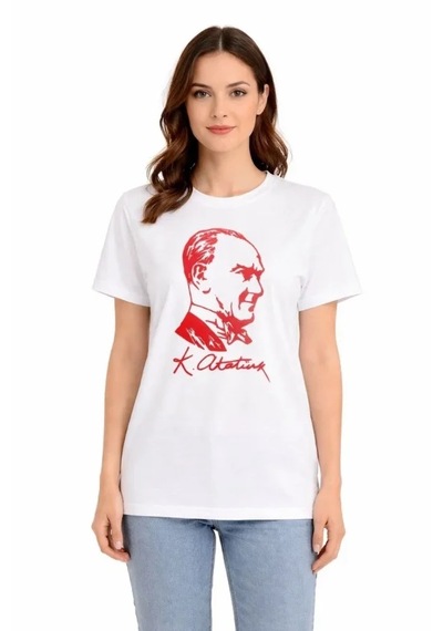 Modi Atatürk Baskılı Tişört Kısa Kollu Bisiklet Yaka T-shirt - Beyaz