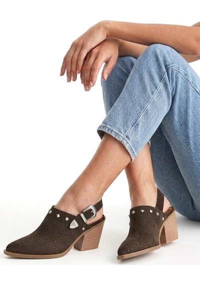 Fox Shoes Y654329102 Kahverengi Hakiki Deri Süet Zımba Detaylı Western Topuklu Ayakkabı