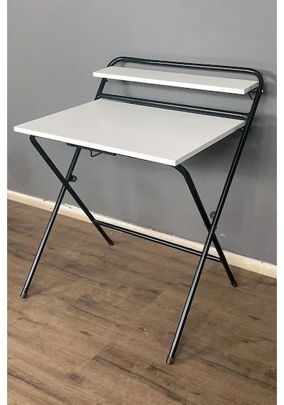 Lich Metal Ayaklı Katlanır Çalışma Masası Beyaz Raflı Laptop Sehpası Çizim Ve Ders Masası Beyaz - Siyah