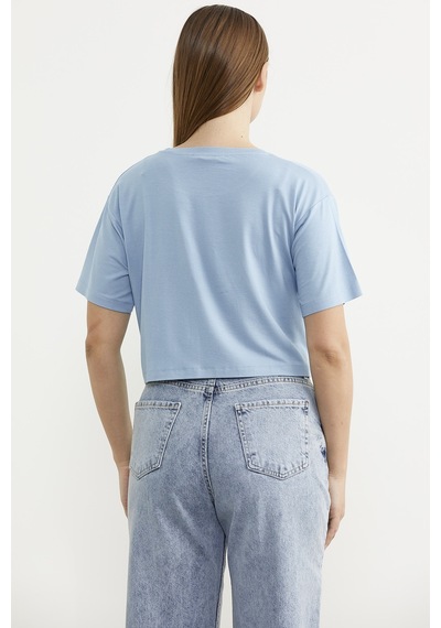 Oversize Baskılı Crop Tişört - Mavi Çok Renkli
