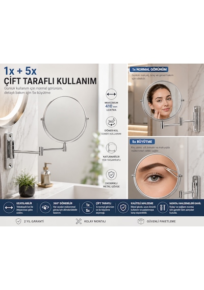Duvara Monte Mafsallı Makyaj Aynası 1x + 5x Büyütmeli Çift Taraflı 410 Mm Uzatılabilir Krom