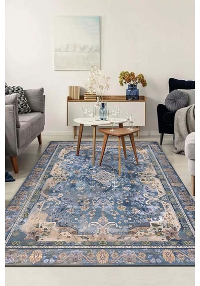 Madala Vintage Desenli Şönil Pamuk Tabanlı Yıkanabilir Kaymaz Antibakteriyel Salon Halısı 200x300 Çok Renkli