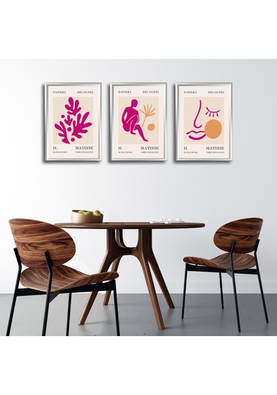 Henri Matisse 3'lü Alüminyum Çerçeveli Poster Seti - Önden Açılır A3 Açılır Kapanır Çerçeve Seti Fuşya Pembe Soyut Figürler, Gümüş