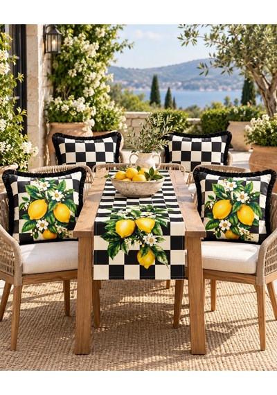 Damalı Limon Desenli Runner + 4 Lü Kırlent Kılıfı Kombin Seti 45 x 45