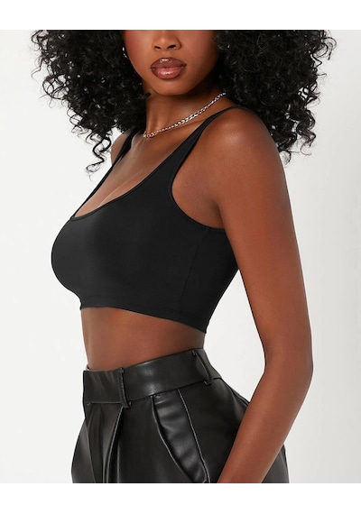 Liona Kadın Kare Yaka Siyah Slim Fit Mini Crop Top Bluz 001