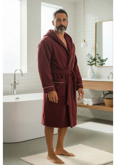 % 100 Pamuklu Laodikeia Kapşonlu Unisex Kadın Erkek Bornoz Bordo