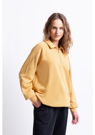 Polo Yaka Fermuarlı Organik Pamuklu Sweatshirt Hardal
