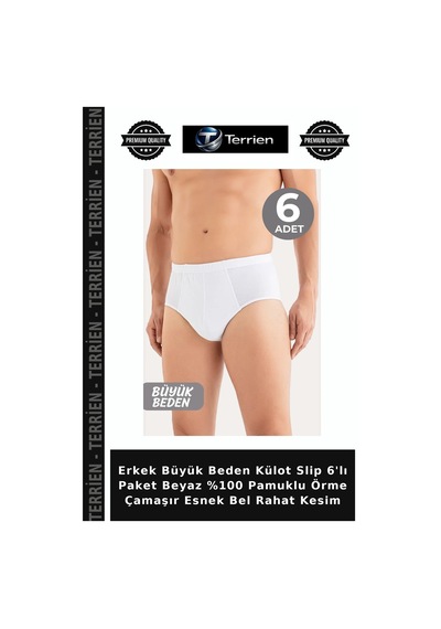 Terrien Erkek Büyük Beden Külot Slip 6'lı Paket Beyaz %100 Pamuklu Örme Çamaşır Esnek Bel Rahat Kesim