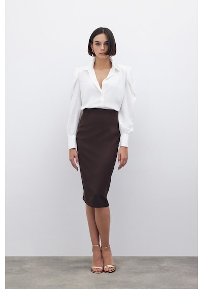 Sateen Düz Kalem Etek - Kahve