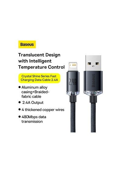 Crystal Shine Hızlı Şarj Kablosu, Lightning 1.2m, İphone Uyumlu, Güçlendirilmiş Yapı, Dayanıklı Ve Hızlı Veri Aktarımı, Siyah