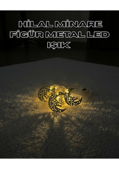 Hubrendy Tekno Gold Renk Metal Minareli Hilal Led Işık Pilli Ramazan Süsü