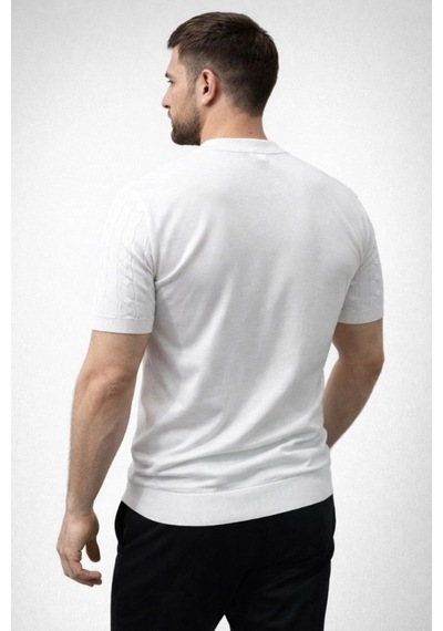 Erkek Yazlık Triko Dokuma Tişört Kısa Kol Bisiklet Yaka Örgü Desenli T-shirt - Beyaz