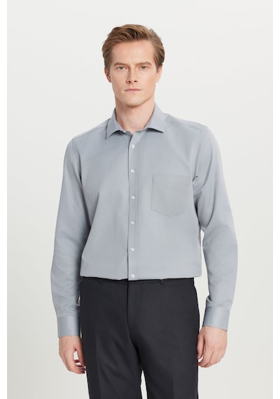 AC&Co / Altınyıldız Classics Erkek Grı Pamuklu Tailored Slim Fit Dar Kesim Klasik Yaka Armürlü Cepli Gömlek Gri