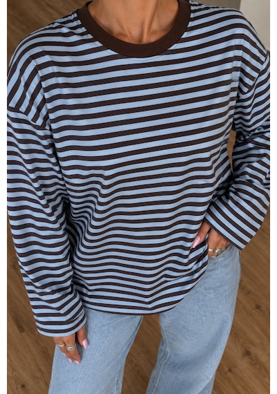 Hiccup Bıpantolon Kadın Oversize Çizgili Bisiklet Yaka Sweatshirt Mavi