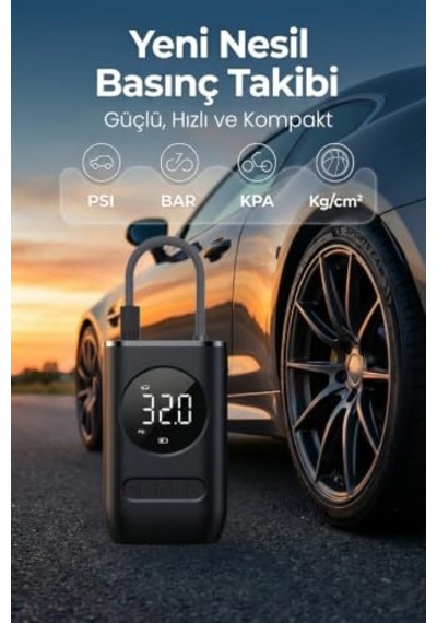 Hava Pompası 150 Psı 4000mah Led Işıklı Lcd Ekranlı Taşınabilir Şarjlı Hava Kompresör Araç Lastik Şişirici