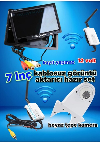 7 İnç Monitör Kablosuz Görüntü Aktarıcı Beyaz Tepe Kamera 12 Volt