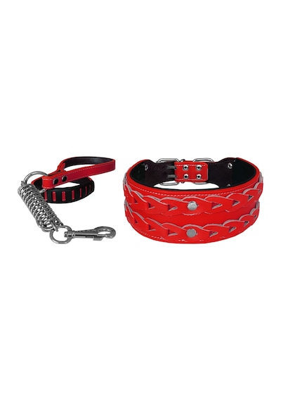 Markapet Elegance Deri İşlemeli Lüks Köpek Tasma Seti XL 7 x 60-68 CM Kırmızı