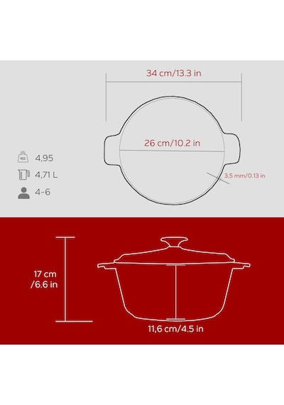 Lava Döküm Yuvarlak Güvec Tencere Döküm Demir Yekpare Kulplu. Çap Ø 26cm.-bordo Bordo