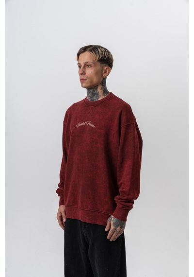Respire Erkek Divided Baskılı Yıkamalı Bisiklet Yaka Oversize Sweatshirt Bordo