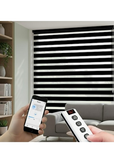 Akıllı Motorlu Zebra Perde, Zaman Ayarlı, Kumandalı, Telefon Ve Sesle Kontrol, Tuya Uyumlu Siyah