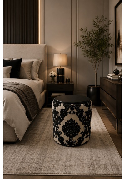 Premium Dokuma Kumaş Puf Sehpa 40x46 Cm Modern Yuvarlak Oturma Pufu Dekoratif Krem Siyah - 878843025 Krem Siyah