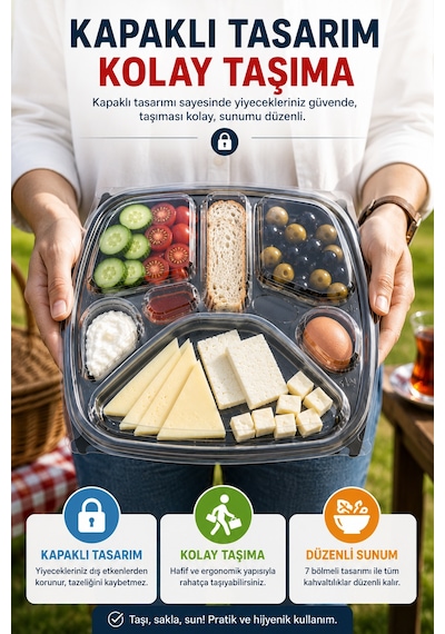 Tabldot 7 Bölmeli Kapaklı Kahvaltı Seti Pet Tek Kullanımlık Piknik Ofis Brunch Servis Kabı 29,5cm Xl Siyah