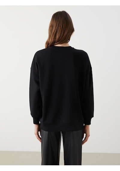 Lcw Modest Siyah Bisiklet Yaka Baskılı Oversize Kadın Sweatshirt