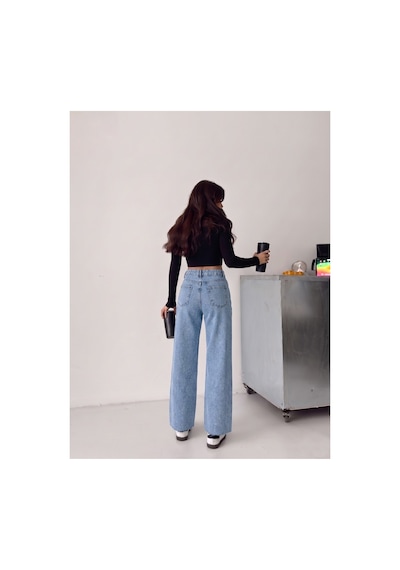 Kene Jeans Buz Kar Paça Kesik Ön Arka Taşlı Bol Paça Kot/denim Pantolon Buz Kar